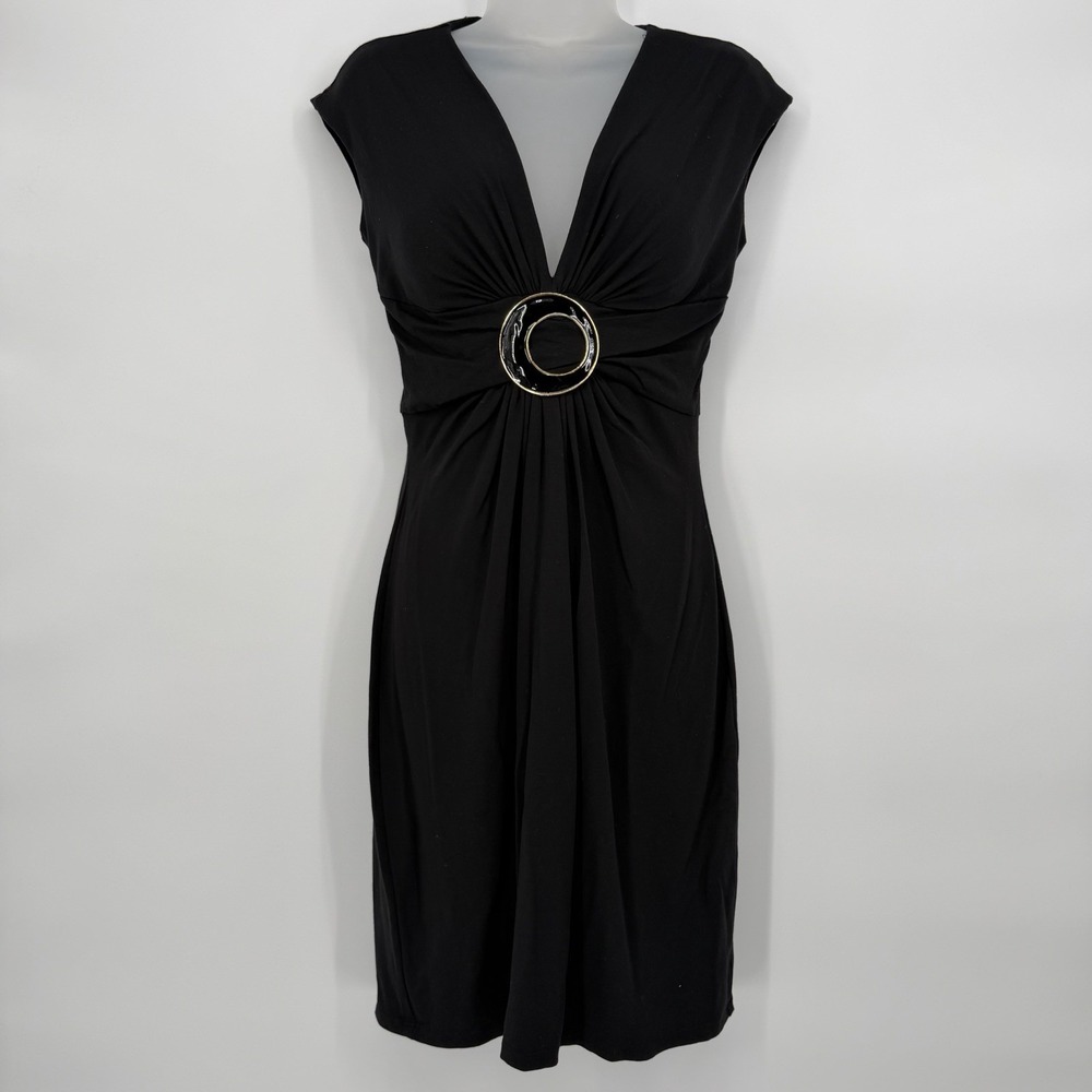 VTG Cache‎ Sz M Ruched Black V Neck Mini Dress w/ Buckle Open Back Y2K Stretchy
